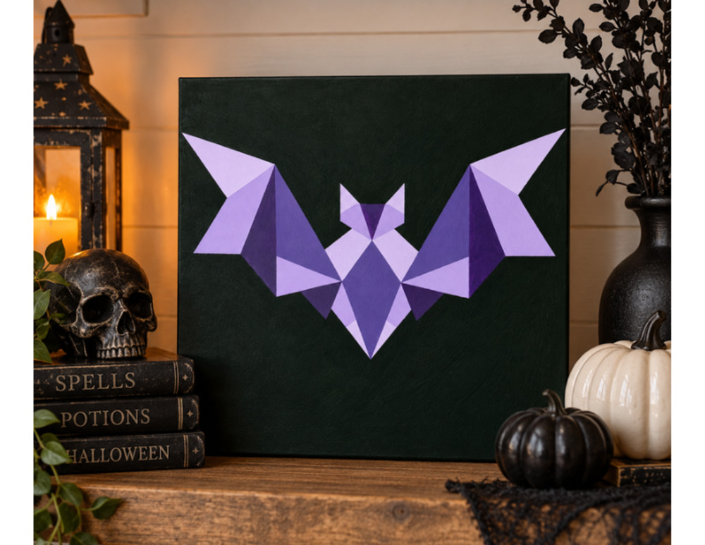 Hand Painted Wooden Panel Geometric Bat Wall Art Spooky Decor